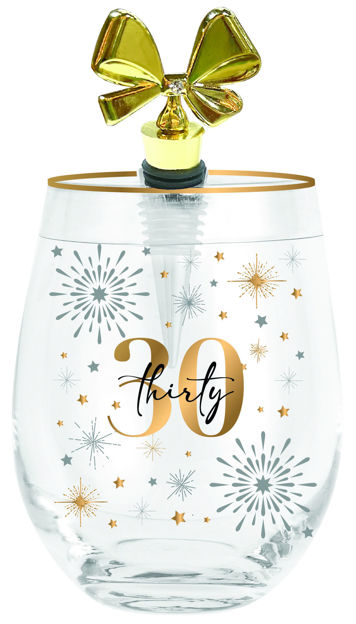 30TH CHEERS STEMLESS WINE GLASS WITH STOPPER