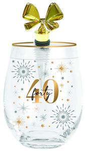 40TH CHEERS STEMLESS WINE GLASS WITH STOPPER
