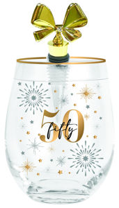 50TH CHEERS STEMLESS WINE GLASS WITH STOPPER