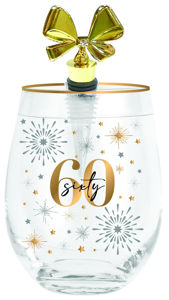 60TH CHEERS STEMLESS WINE GLASS WITH STOPPER